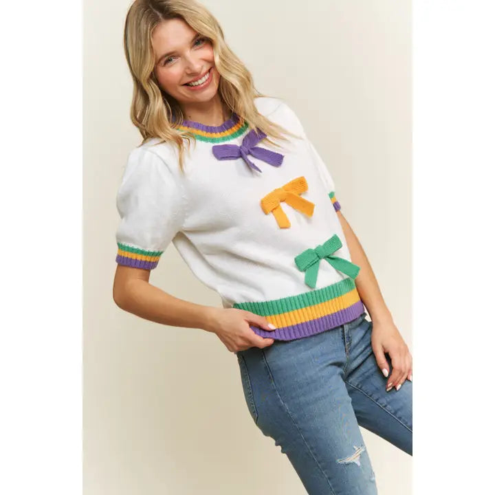 Mardi Gras Bow Detail Puff Sleeve Pullover Top- White