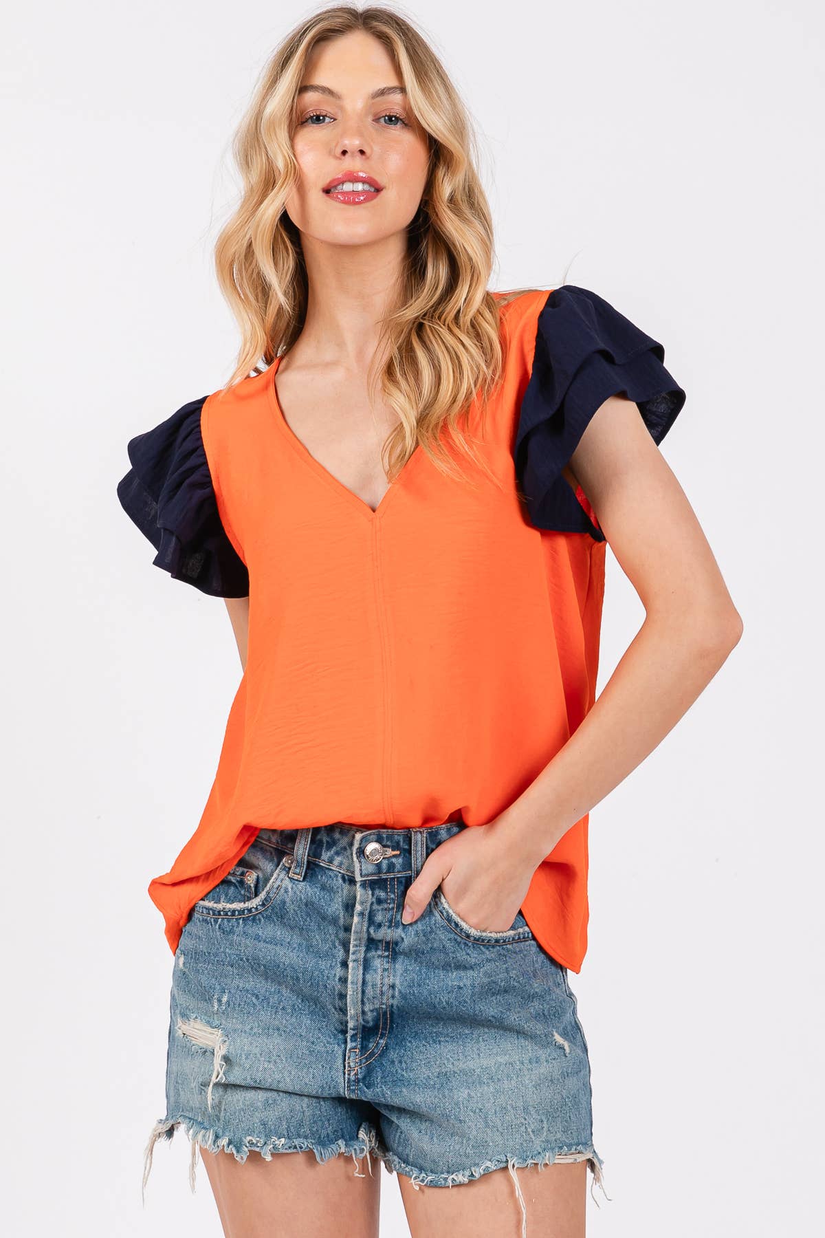 Game Day Contrast V-neck Flutter Sleeve Top- Purple/ Yellow