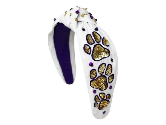 Game Day Headband Knot - White with Purple and Gold Paw