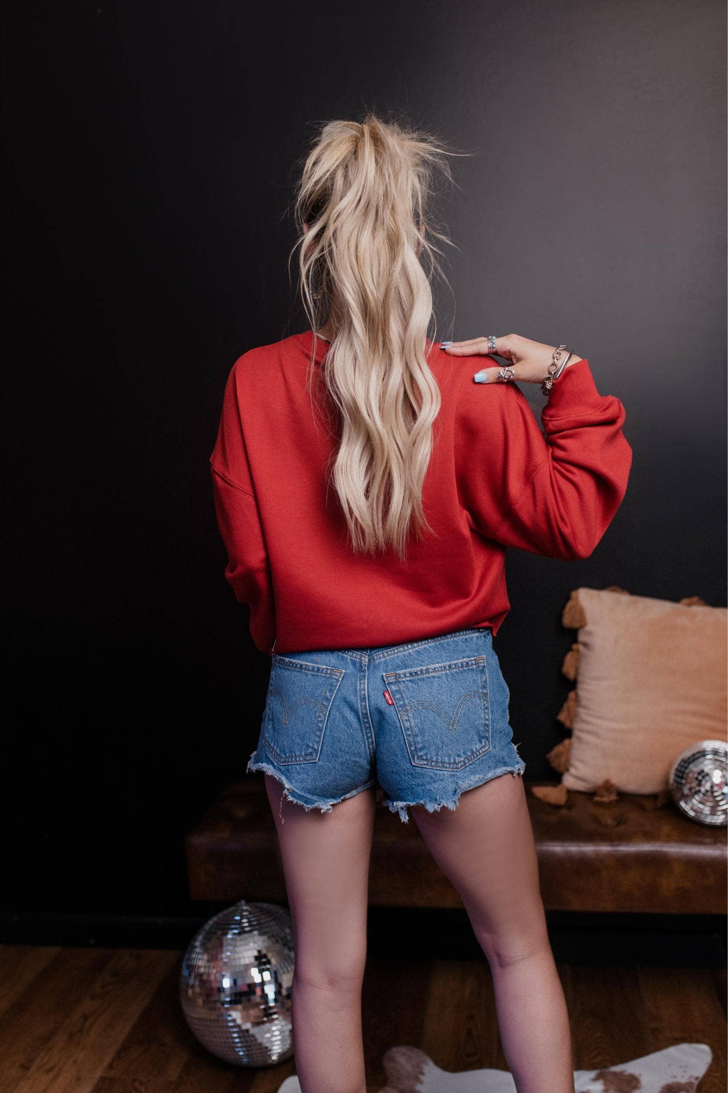 Game Day Rope Embroidery Crop Sweatshirt- Red