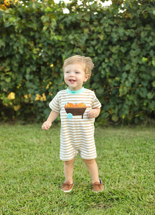 Pumpkin Harvest Tan Stripe Applique Romper