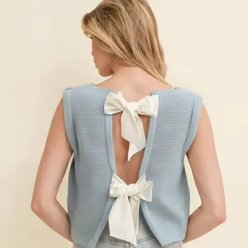 Back Bow Tie Sleeveless Sweater-Light Blue