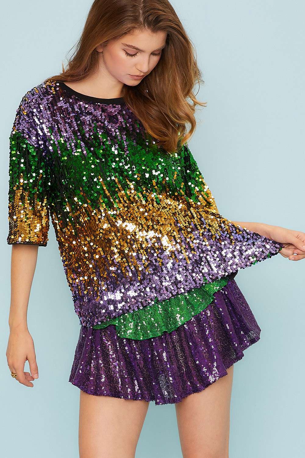Mardi Gras Color Block Sequin Round Neck Top