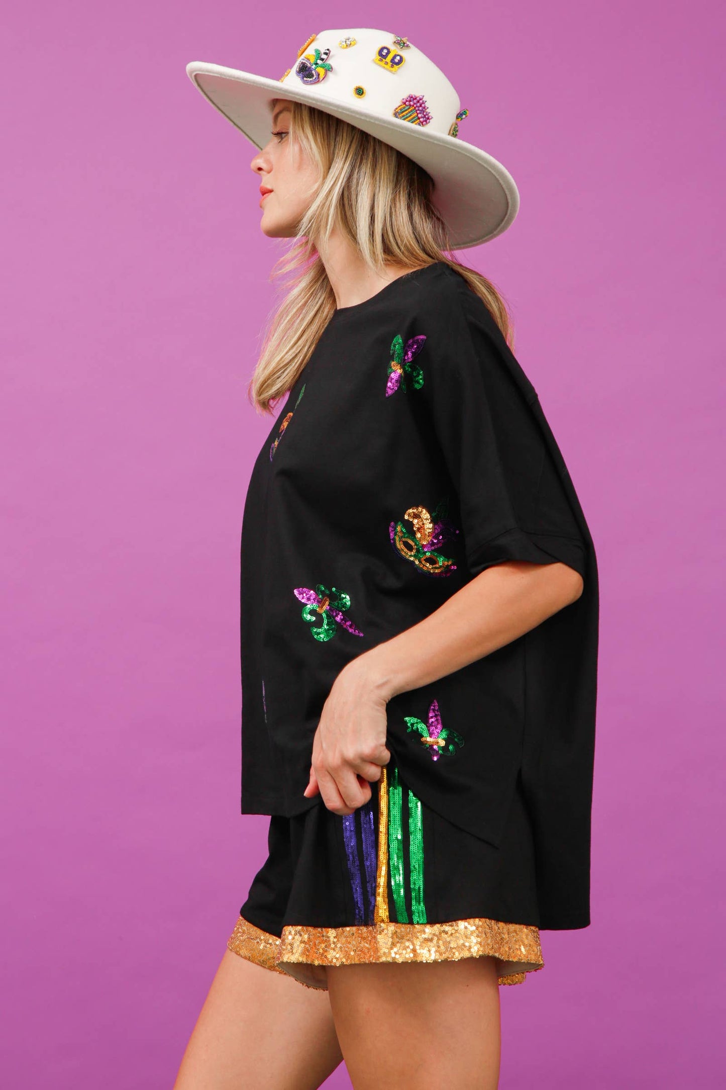 Sequin Mardi Gras Masks Loose Fit Shirt- Black