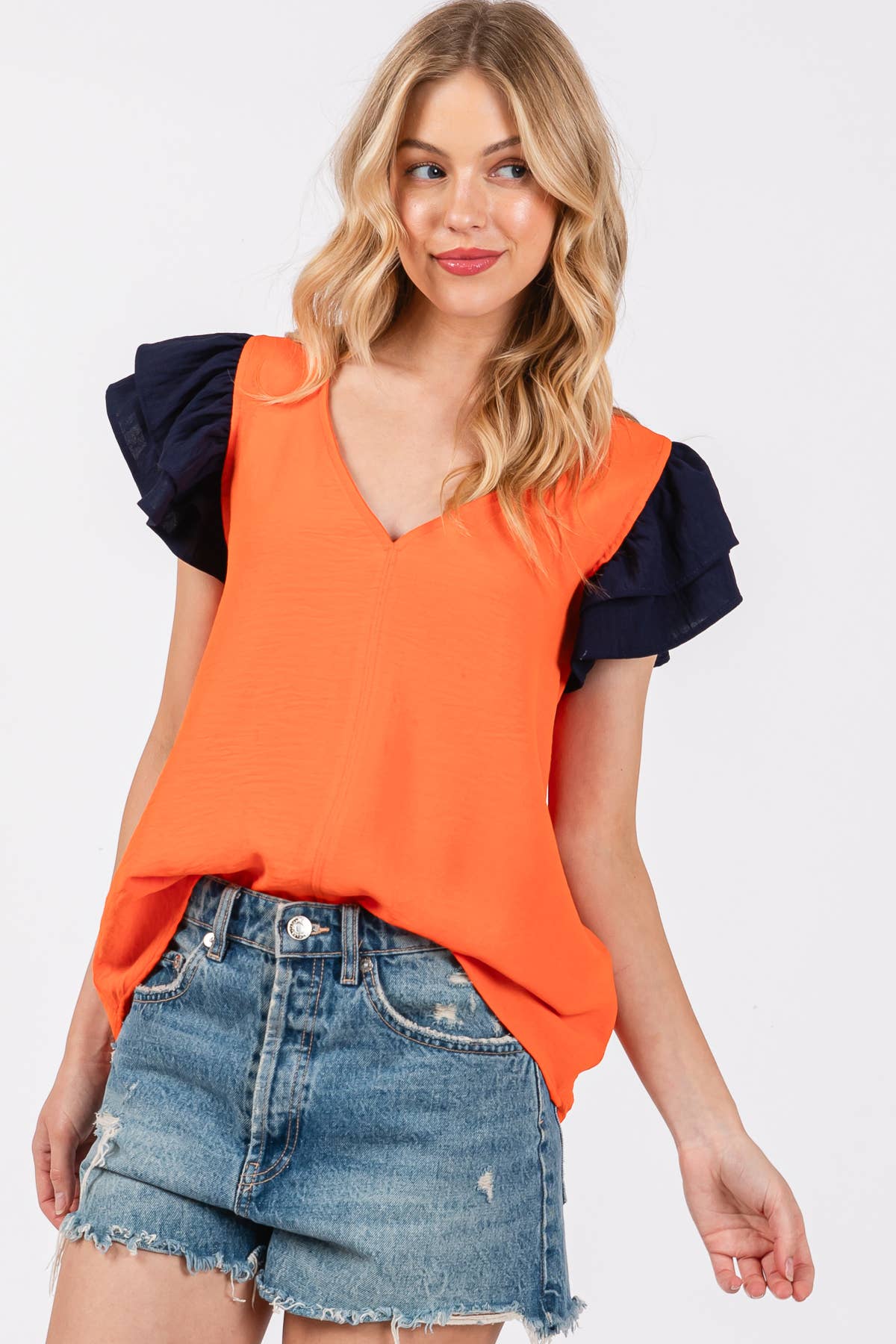 Game Day Contrast V-neck Flutter Sleeve Top- Crimson/ White