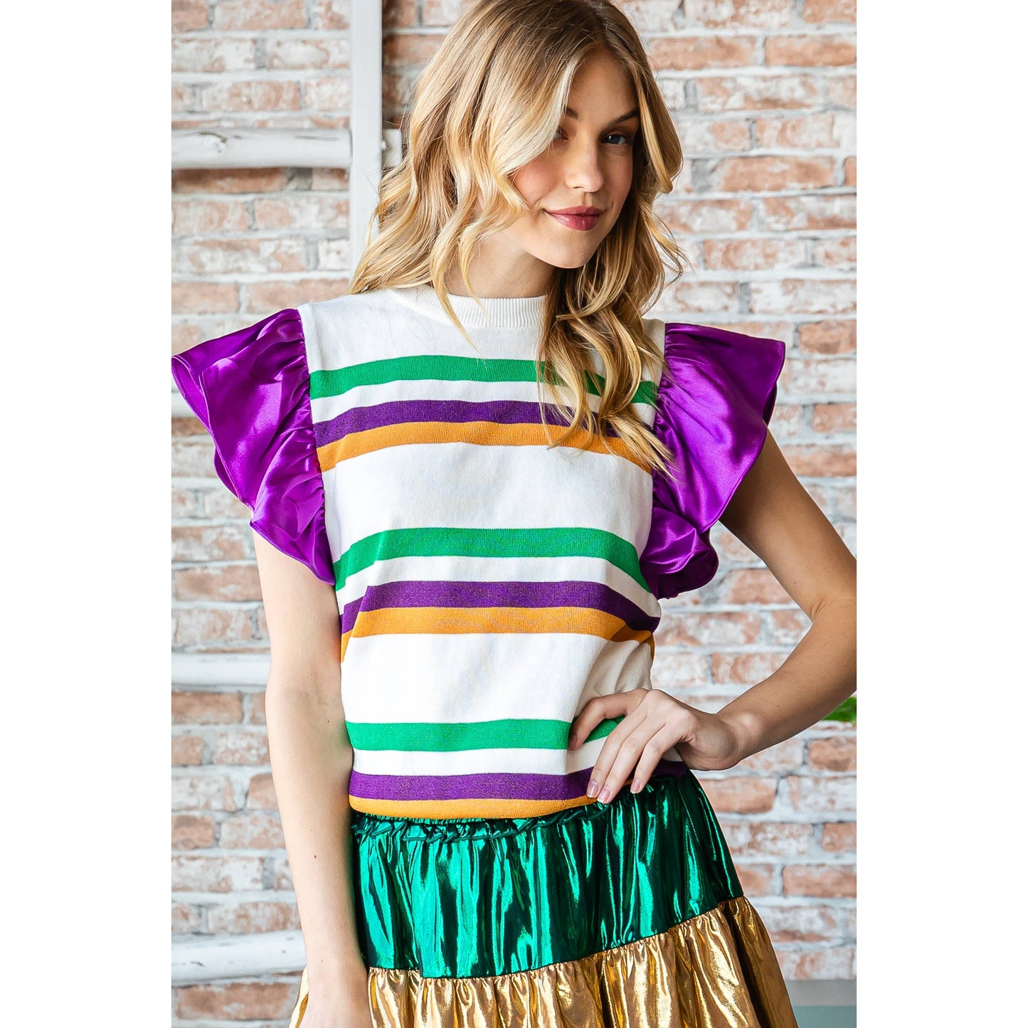 Mardi Gras Stripe Flutter Sleeve Sweater- White