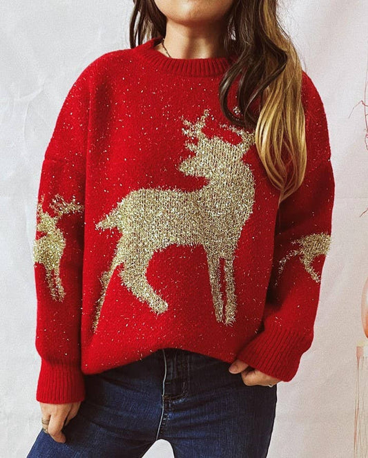 Fawn Gold Christmas Knitted Sweater- Red