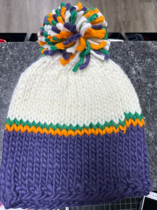 Mardi Gras striped beanie hat w/pompom white