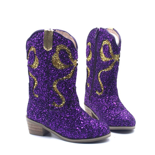 Purple with Gold Bows Sequin Kids Boots