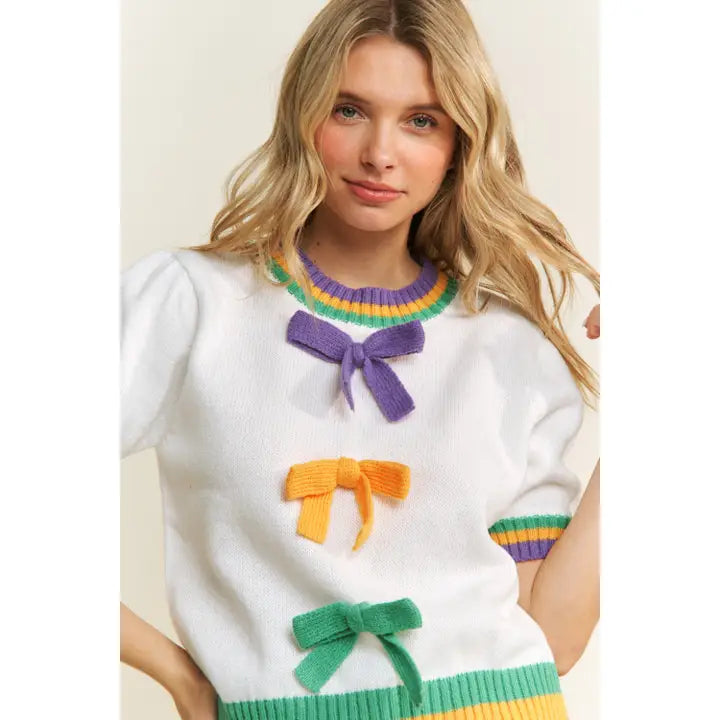 Mardi Gras Bow Detail Puff Sleeve Pullover Top- White