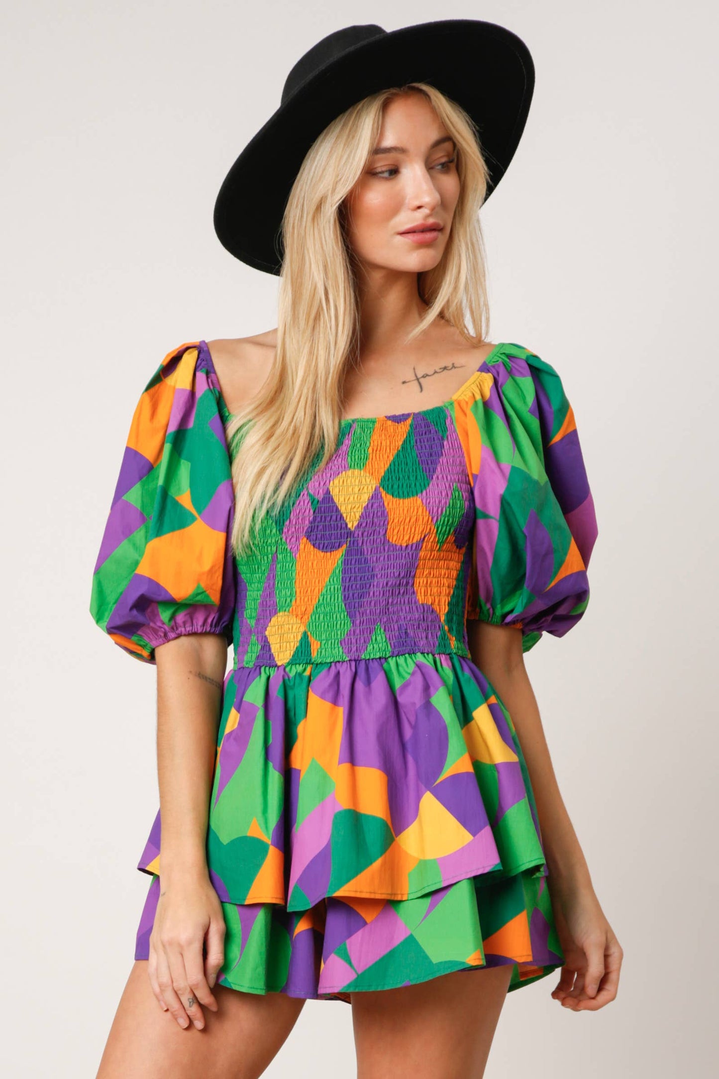 Mardi Gras Geo Print Smocked Romper