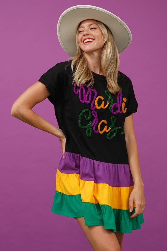Color Block Mardi Gras Mini Dress - White Combo