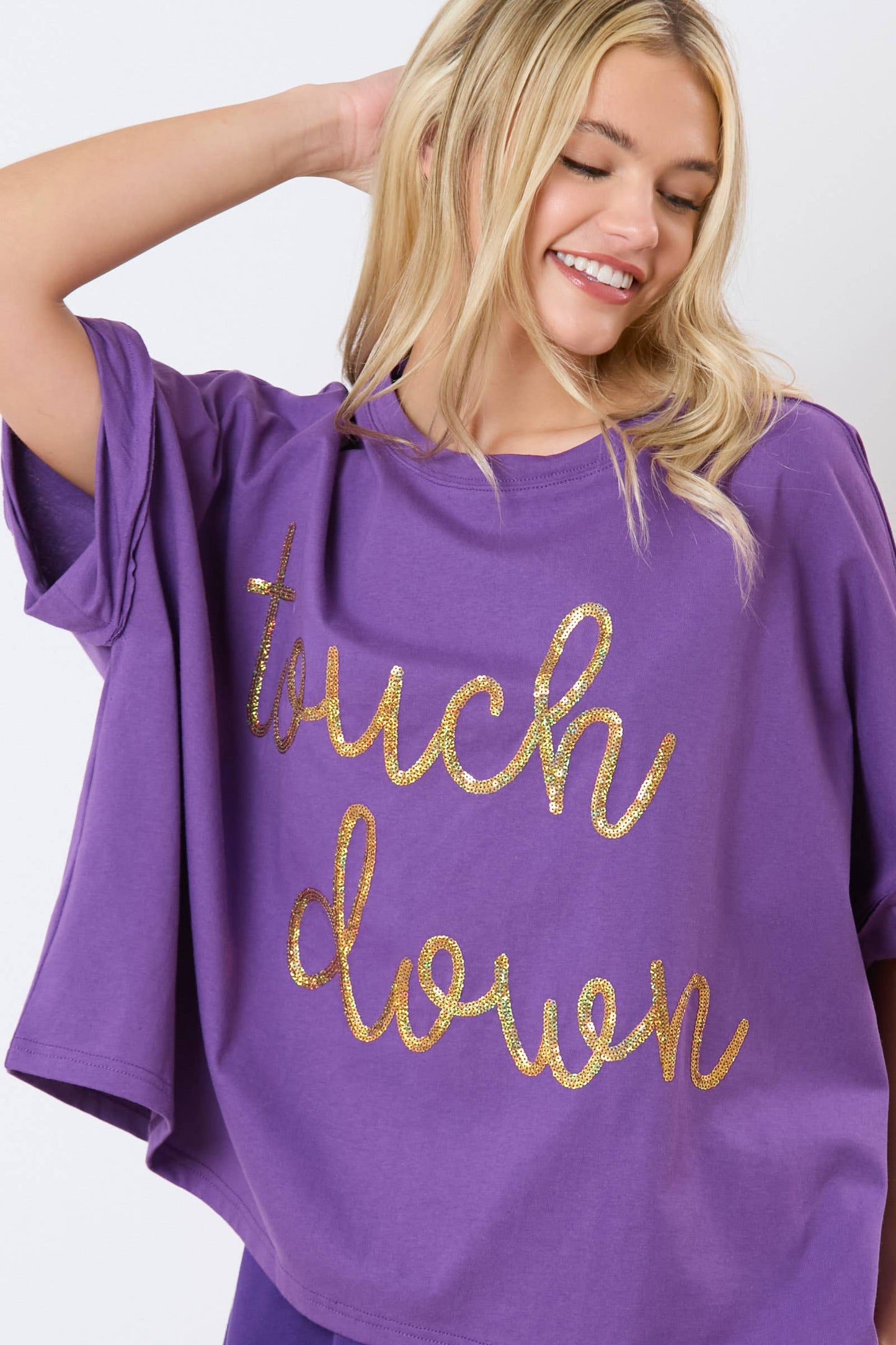 Touch Down Sequin Embroidery Oversized Top- Purple
