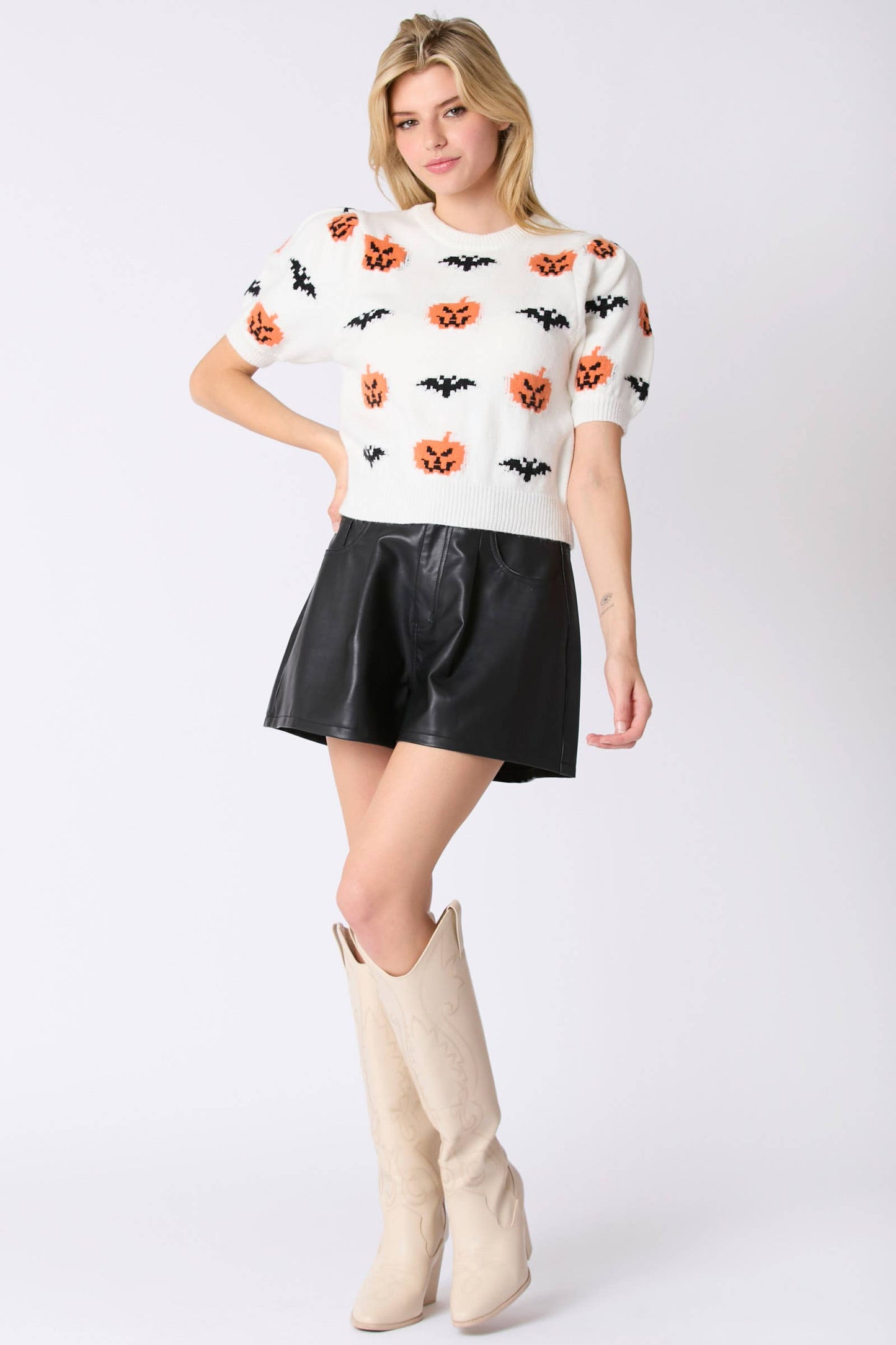 Halloween Pumpkin & Bat Pattern Puff Sleeve Sweater- White