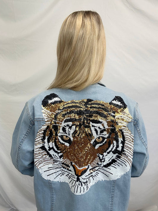 Women's Sequin Embroidery Tiger Denim Jacket