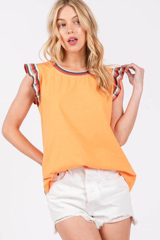 Contrast Striped Sleeveless Round Neck Top- Off White