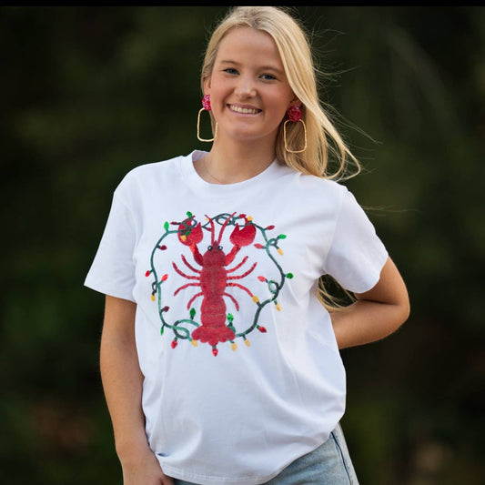 Christmas Crawfish Women's Sequin Design Tee- White