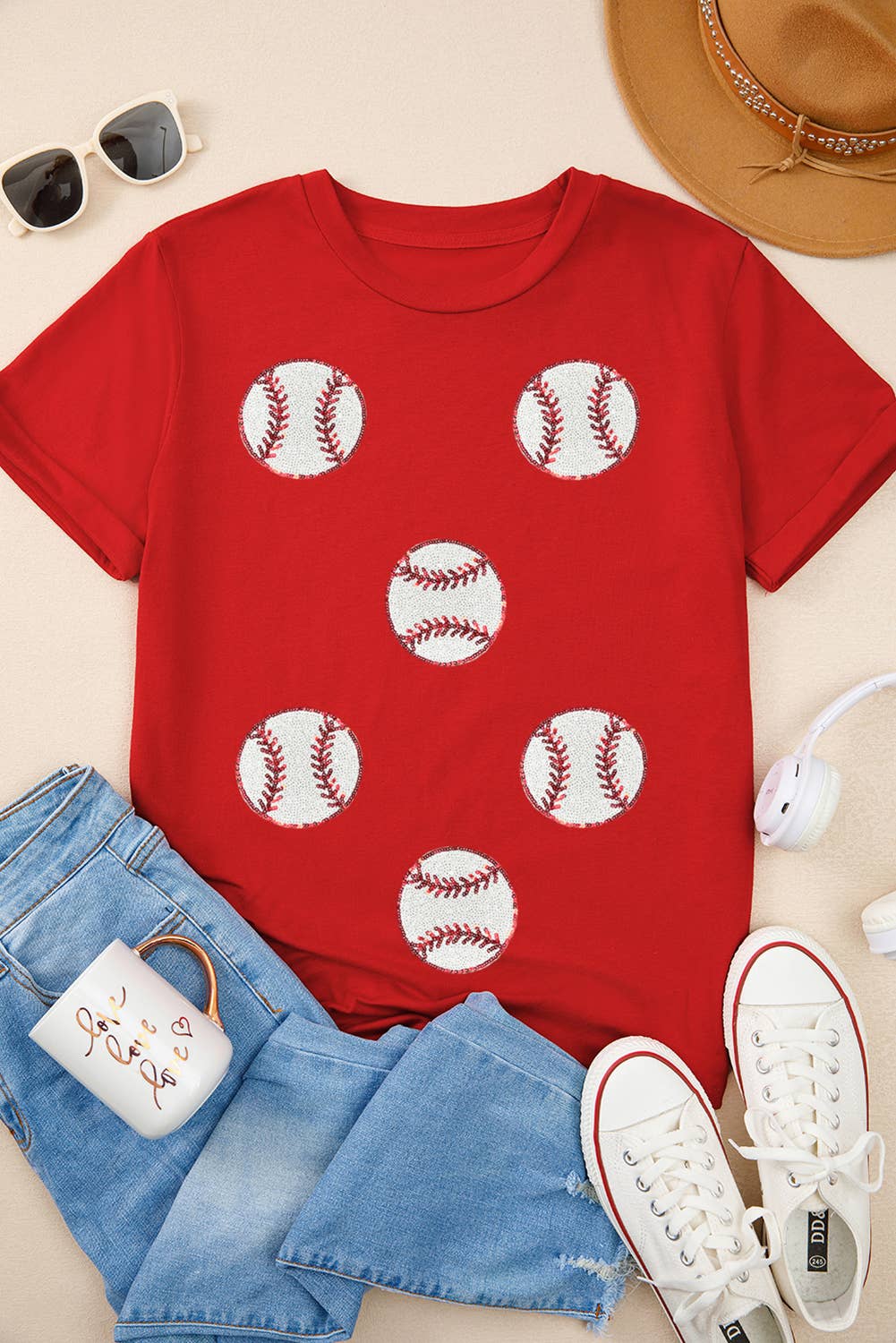 Sequin Basball Patch Graphic T Shirt