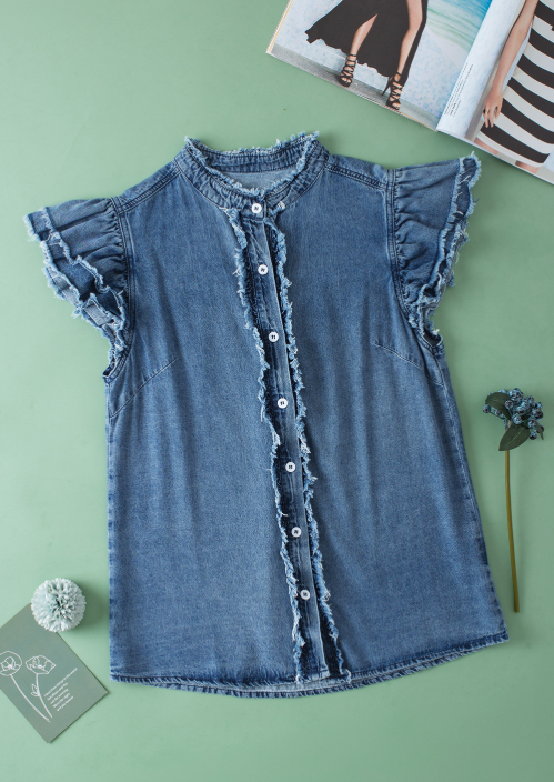 Beau Blue Button Ruffled Top