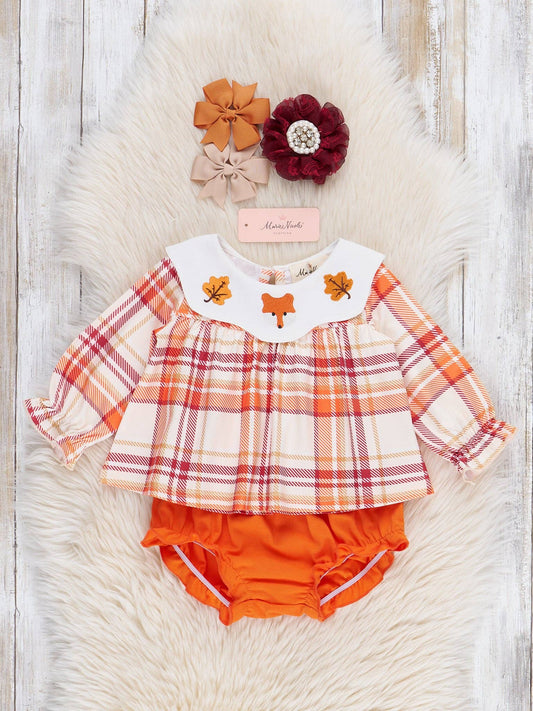 Cabin Critter Embroidered Plaid Bloomers Outfit