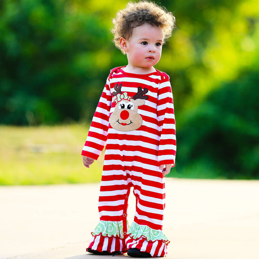 Girls Christmas Romper Reindeer Red Stripes