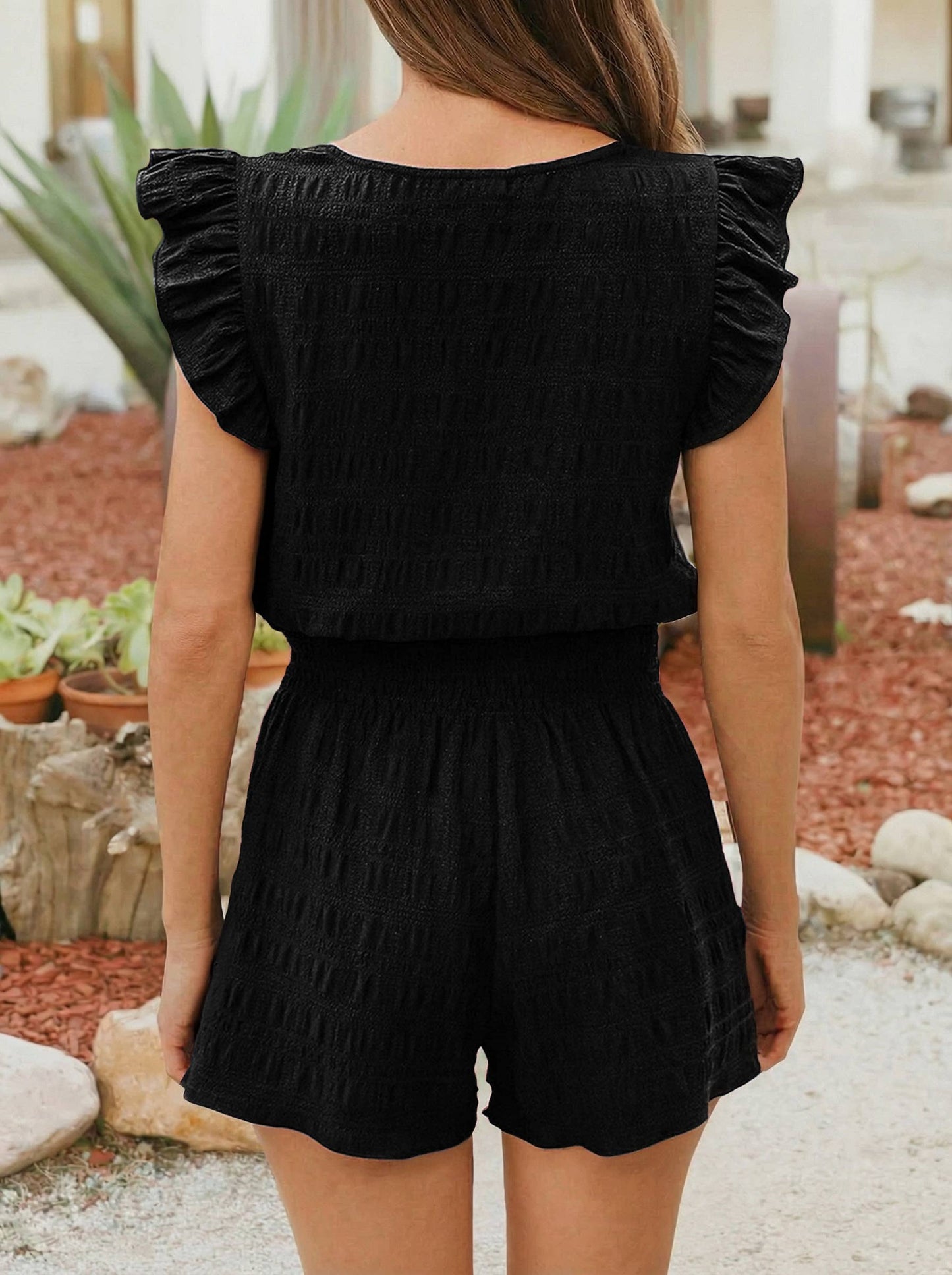 Fashion-W Textured Top and Shirred High Waist Shorts Set