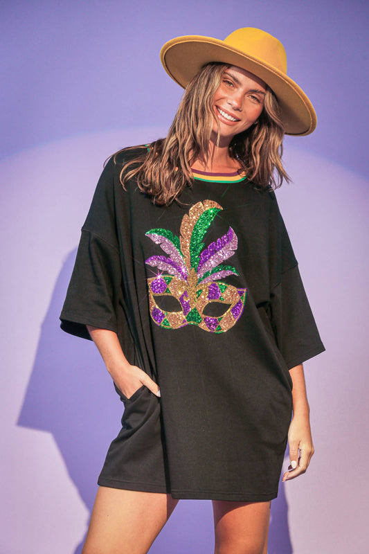 Mardi Gras Sequin Masks T-Shirt Dress- Black