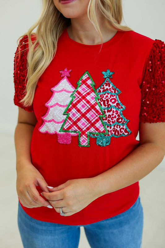 Christmas Tree Patch Top- Red