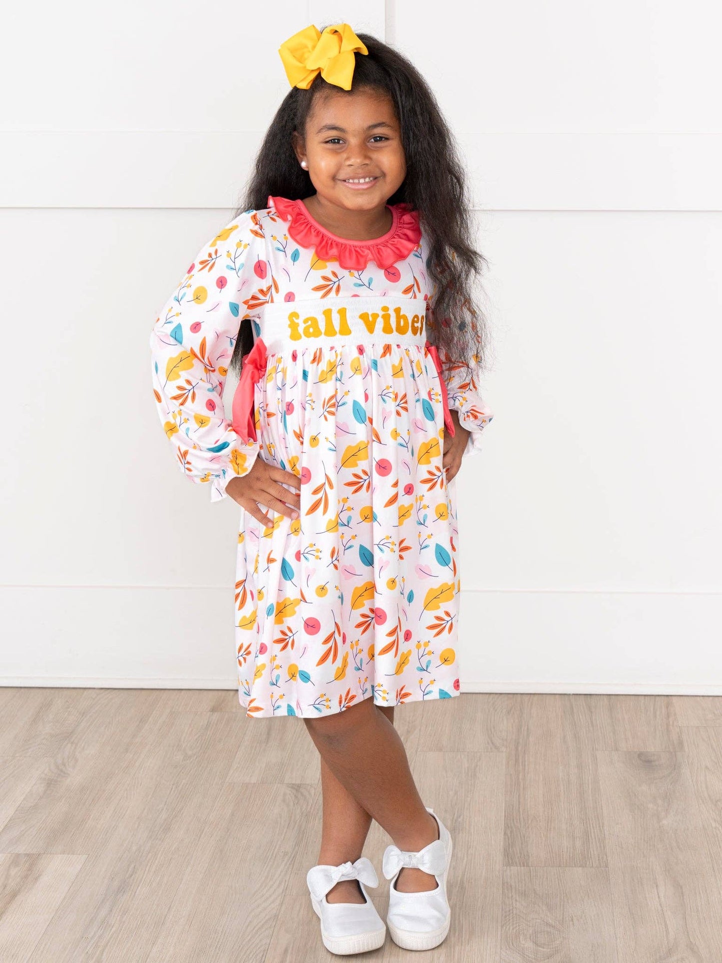 Fall Vibes Smocked Ruffle Leaves Dress