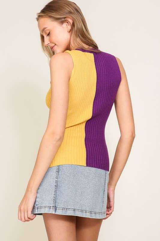 Game Day Contrast Sweater Ribbed Top- Royal Blue/ White
