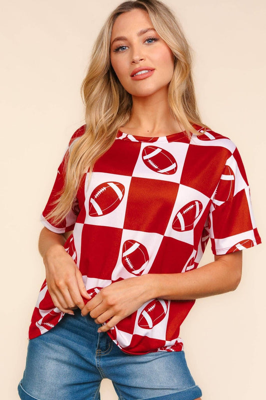Game Day Football Checker Print Knit Top- Red