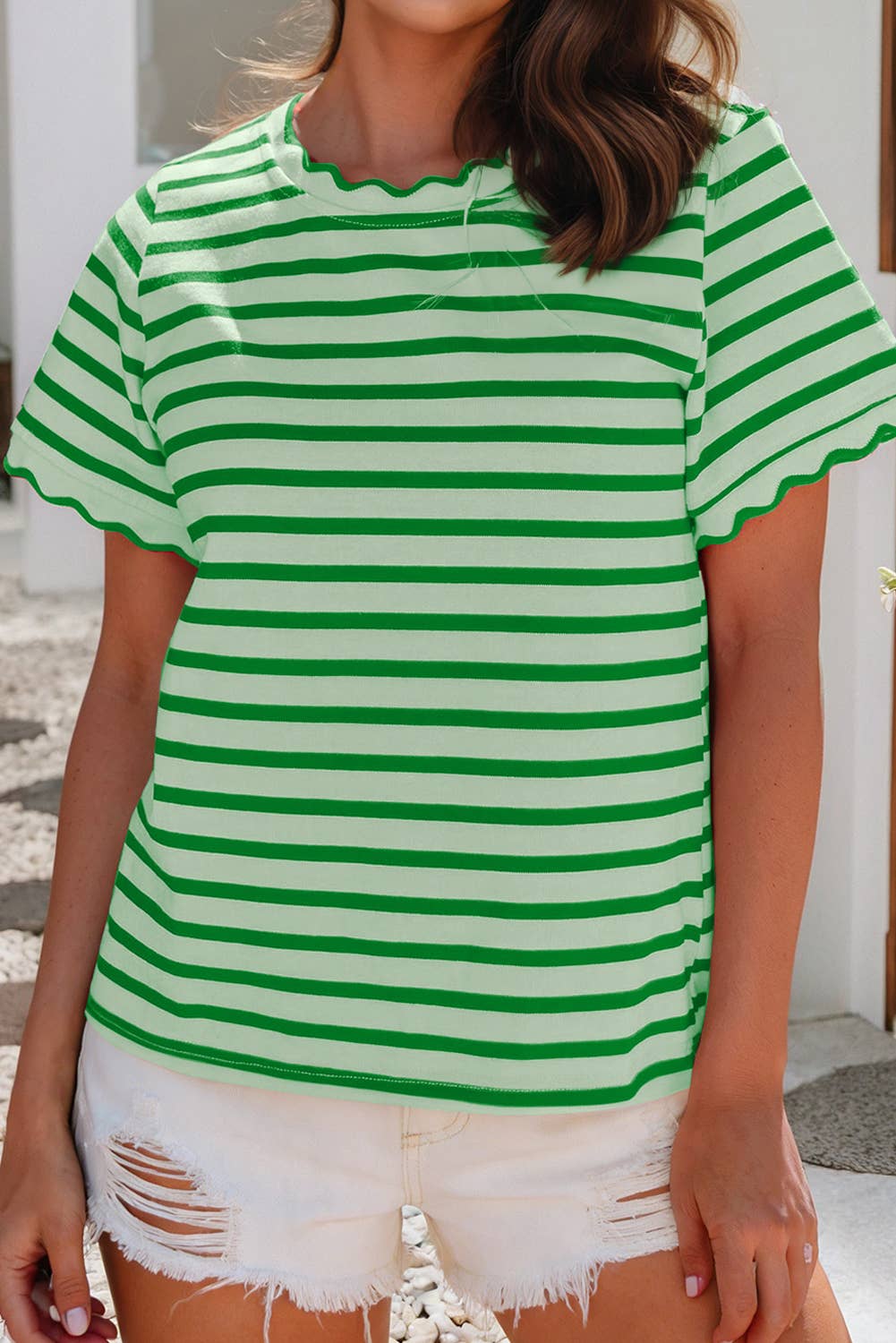 Scalloped Trim Round Neck Stripe Tee