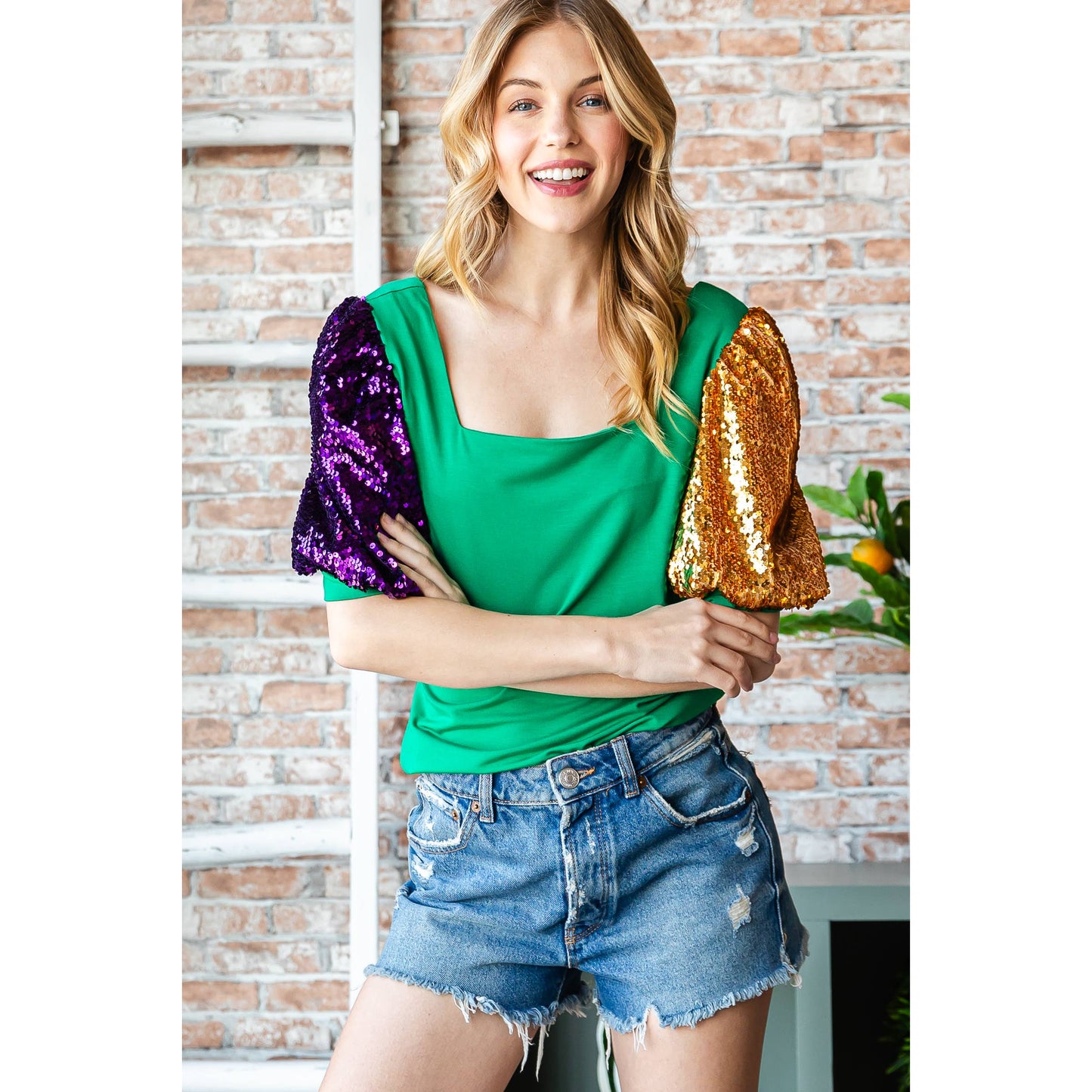 Mardi Gras PGG Sequin Puff Sleeve Top Kelly Green Belly