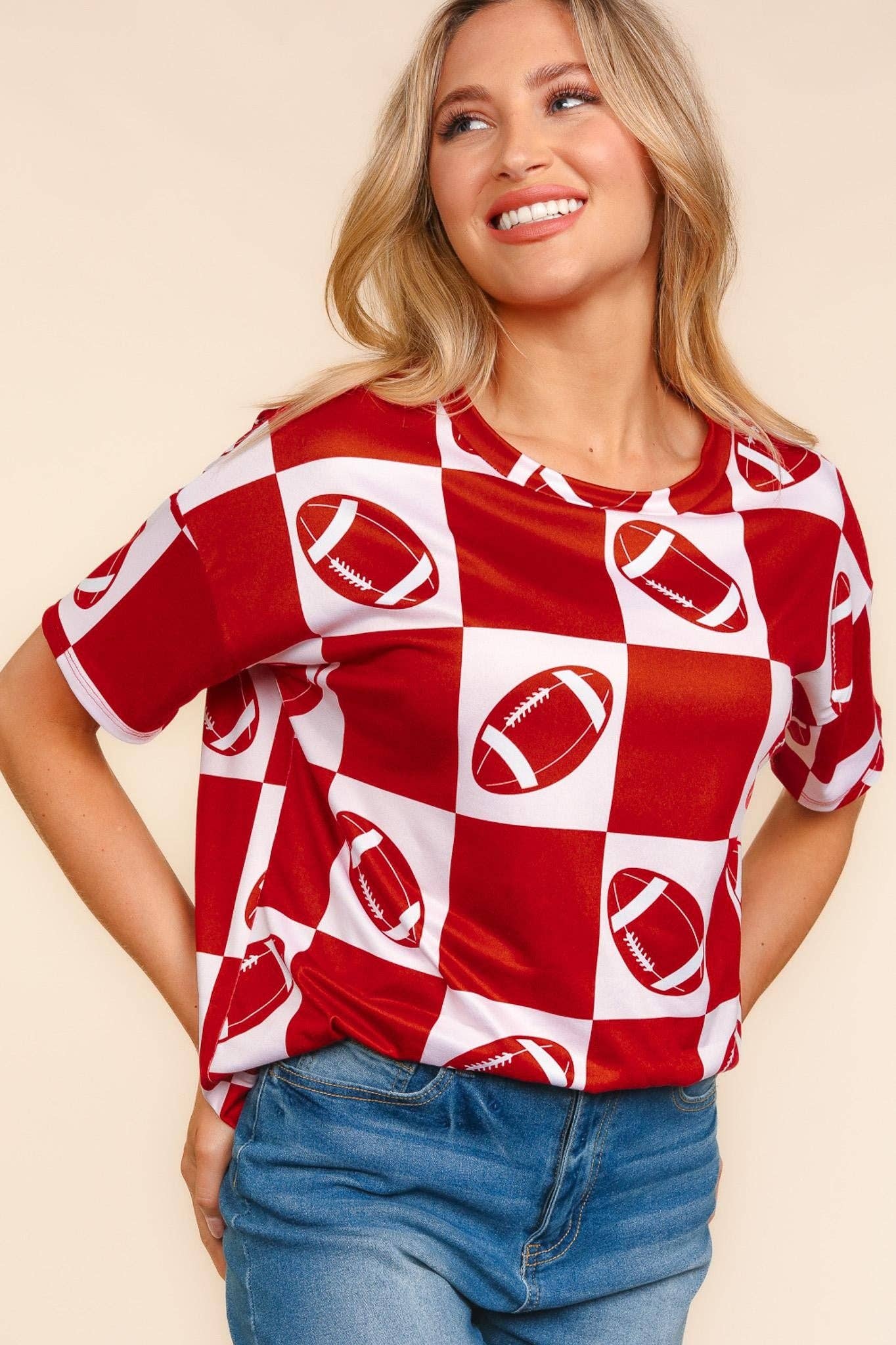 Game Day Football Checker Print Knit Top- Red