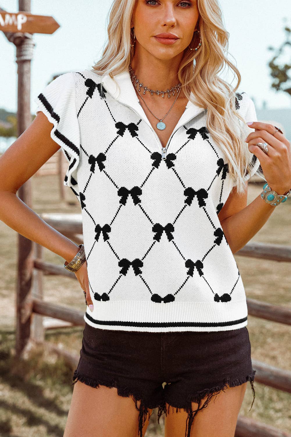Fashion-W Preppy Vibes Bow Print Zipped Collar Sweater Tee- White