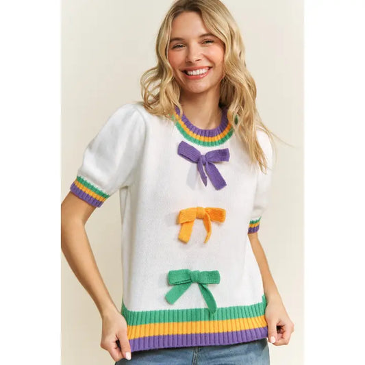 Mardi Gras Bow Detail Puff Sleeve Pullover Top- White
