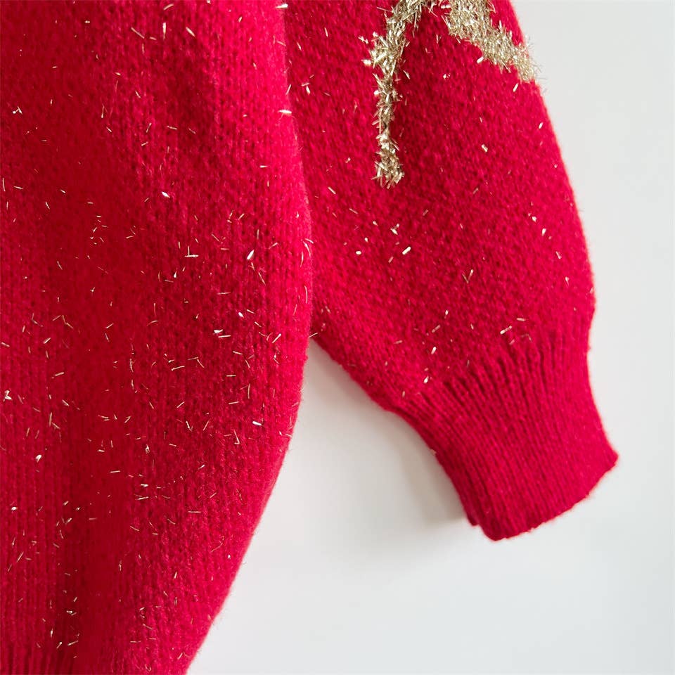 Fawn Gold Christmas Knitted Sweater- Red