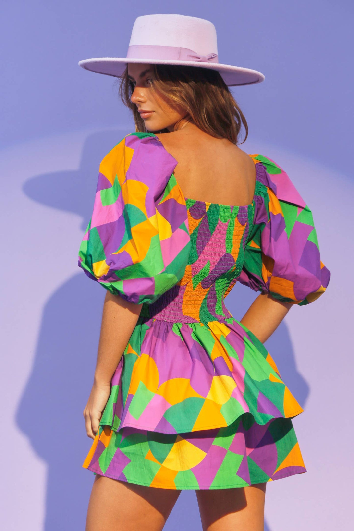 Mardi Gras Geo Print Smocked Romper
