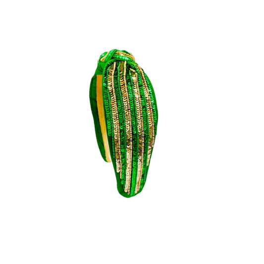 Game Day Headband Knot - Green and Gold Sequin Stripe