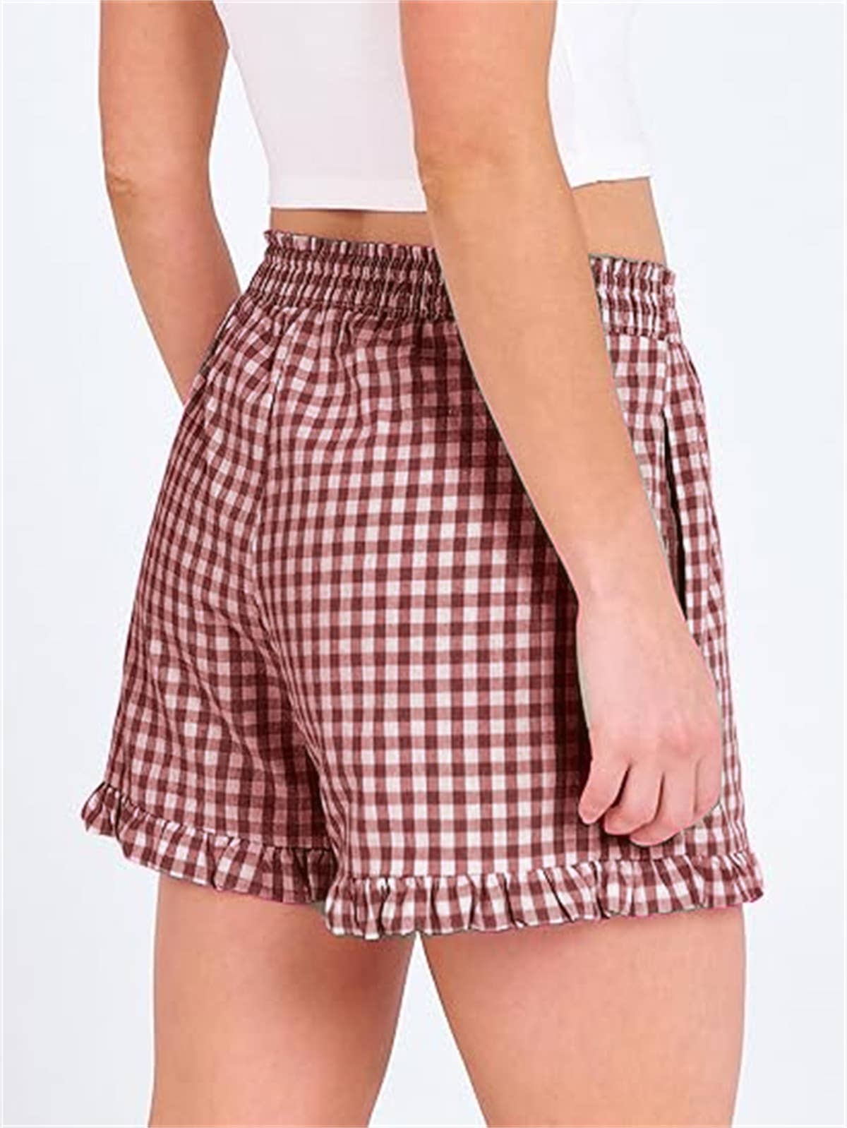 Red Check Print Ruffle Shorts