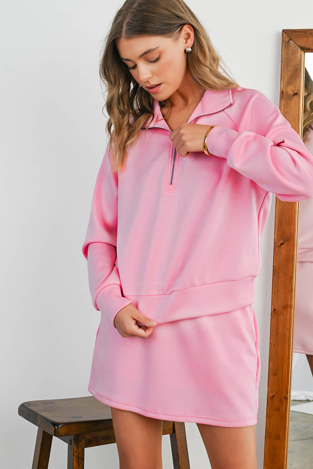 Solid Half Zip Front Pullover & Mini Skirt