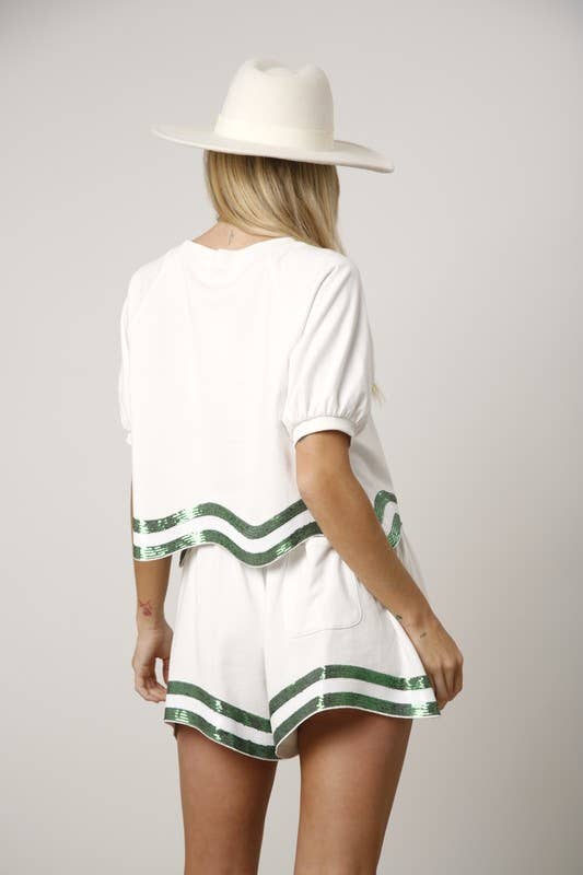 Sequins Stripe Puff Sleeve Crop Top- White/ Green Multi