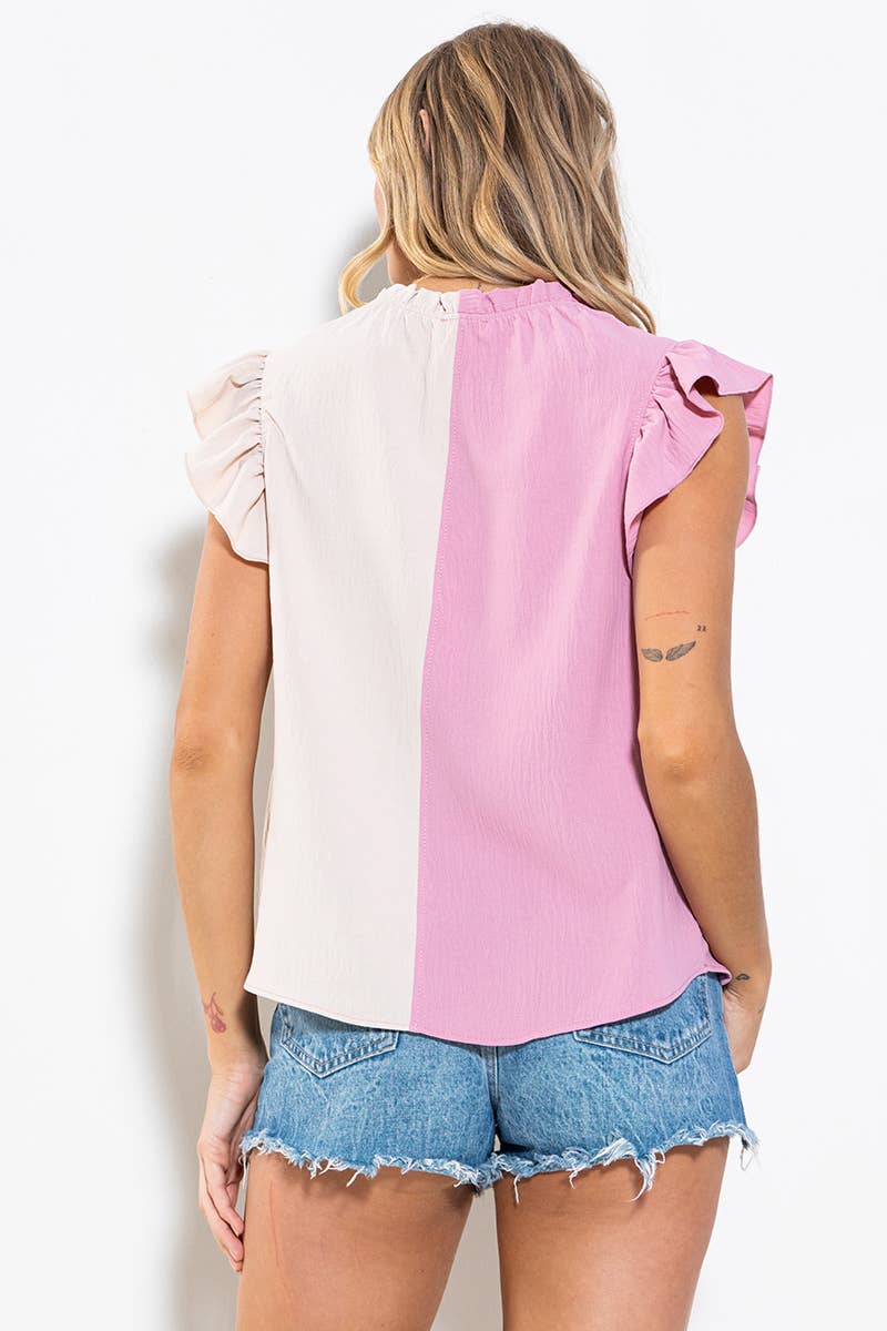 Game Day Ruffle Sleeveless Woven Blouse Top- Navy/ White