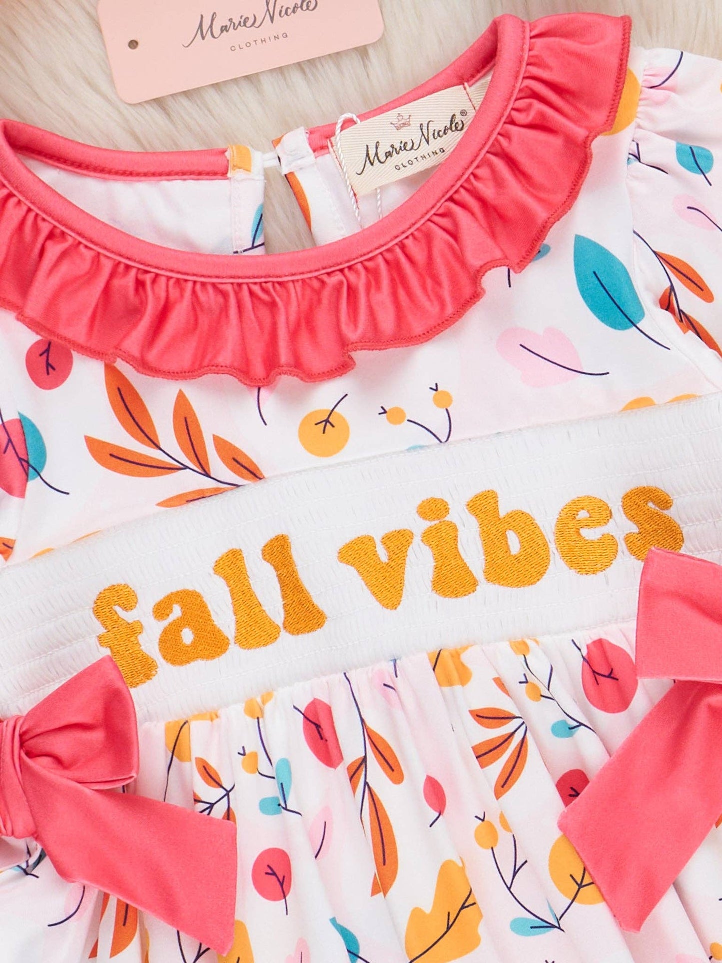 Fall Vibes Smocked Ruffle Leaves Dress