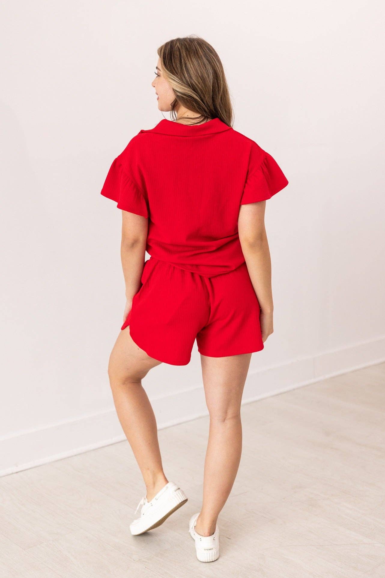 Quarter Zip Shirt with Flutter Sleeves & Knit Shorts Set