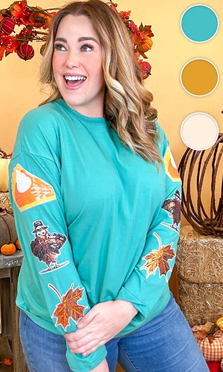 Thanksgiving Sparkle Sleeve Boyfriend Long Sleeve T-Shirt- Turquoise