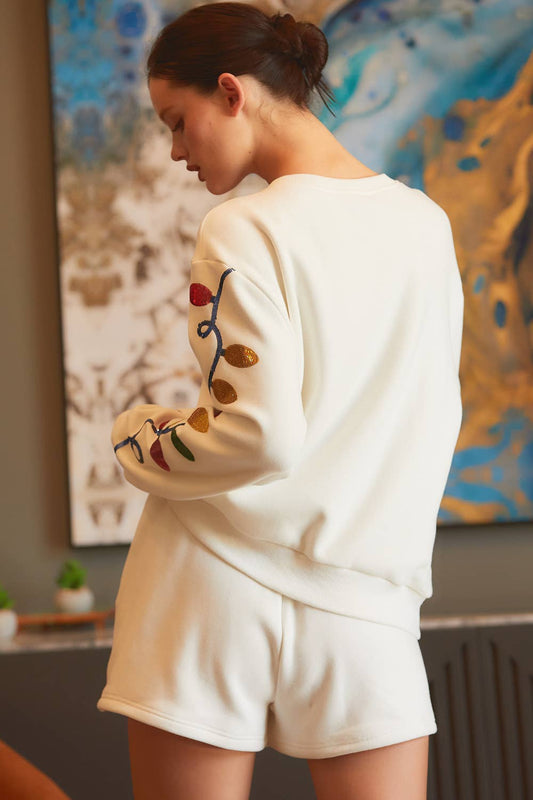 Christmas Light Sequin Embroider Fleece Sweater Top- White
