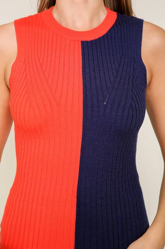 Game Day Contrast Sweater Ribbed Top- Royal Blue/ White