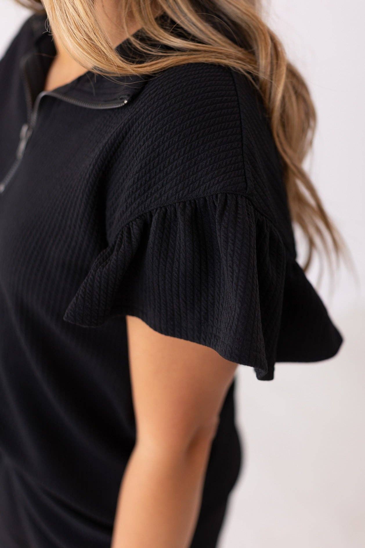 Quarter Zip Shirt with Flutter Sleeves & Knit Shorts Set