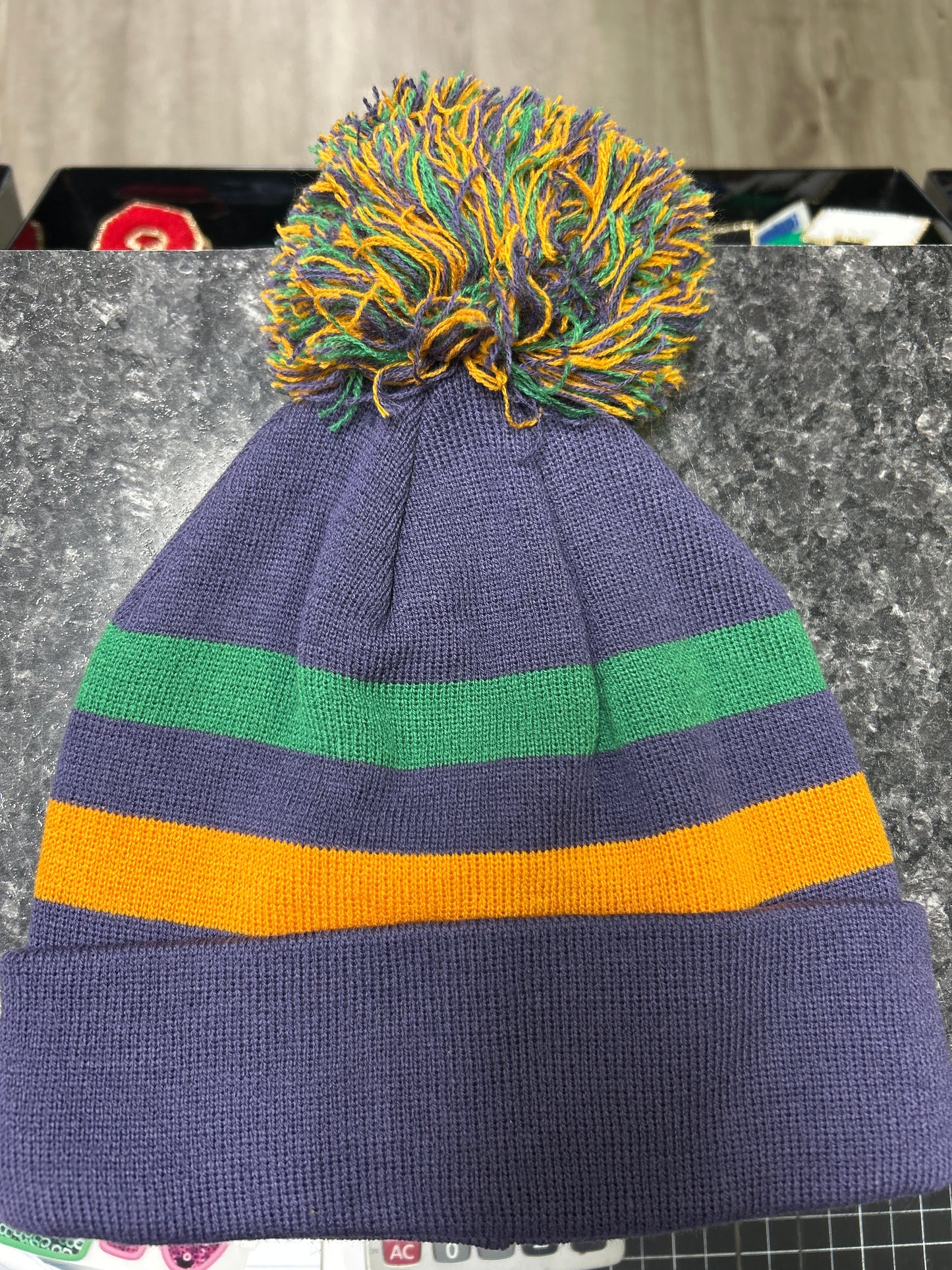 Mardi Gras striped black beanie w/pompom